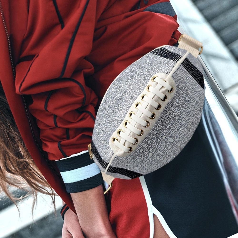 White Bling Studded Football FannyPack Sling Bag Statement Womens Accessory